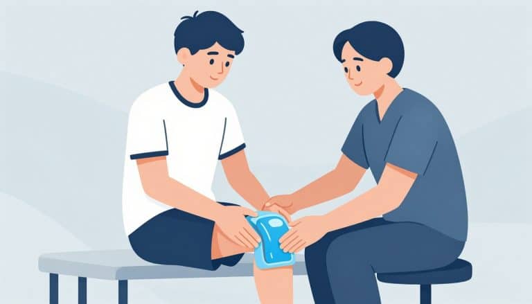 Un adolescent reçoit une poche de glace sur le genou, accompagné par une kinésithérapeute.