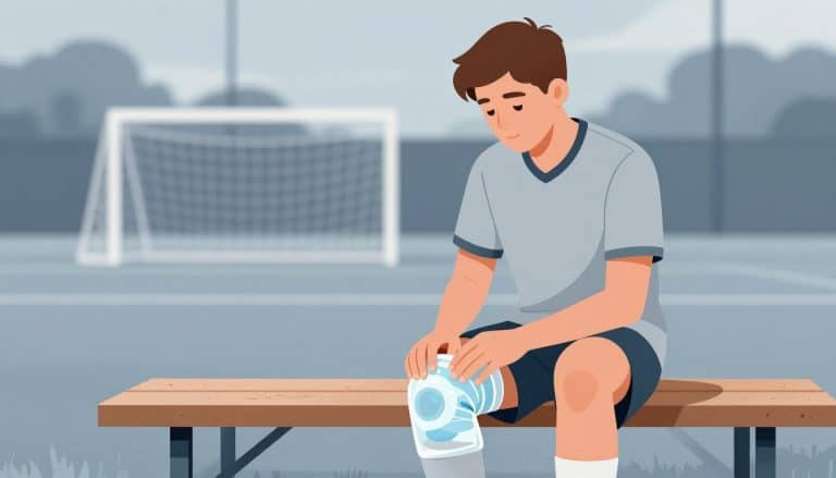 Un jeune footballeur assis applique une poche de glace sur son genou gauche.