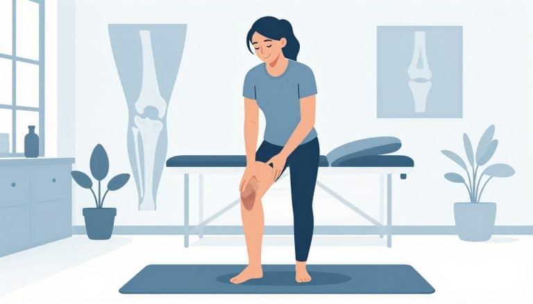Une femme fléchit doucement le genou dans un studio de physiothérapie lumineux.