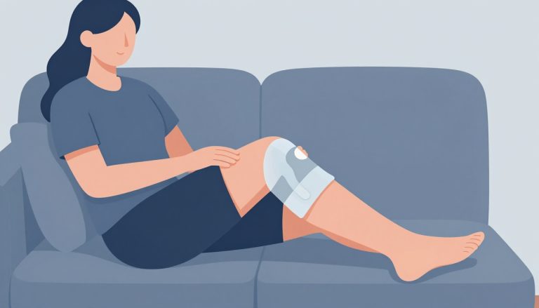 Une femme assise avec le genou gonflé surélevé, une poche de glace et une genouillère.