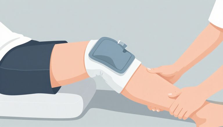 Une jambe surélevée reçoit une poche de glace sur un genou équipé d’une prothèse.