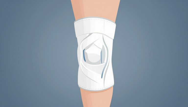 Genou de profil avec ligament externe marqué en bleu et attelle blanche.