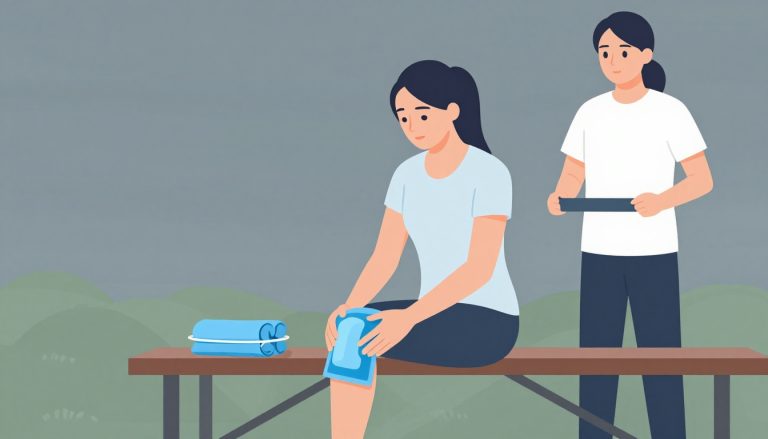 Une coureuse tient une poche de glace sur son genou, accompagnée par un kinésithérapeute.