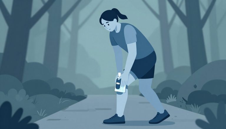 Un coureur applique une poche de glace sur l’extérieur de son genou en forêt.