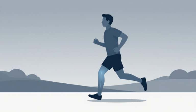 Coureur descendant un chemin avec une zone bleue sur le genou droit.
