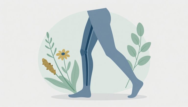 Illustration d’un genou de coureur entouré d’arnica, de curcuma et d’eucalyptus.