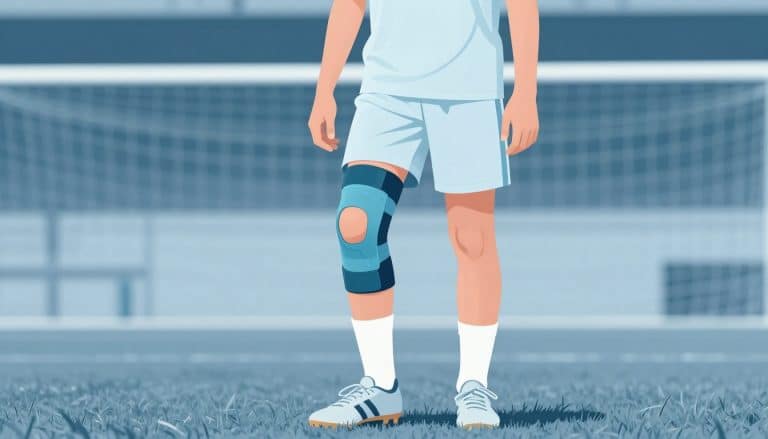 Un jeune footballeur tient son genou gauche avec une sangle sous-rotulienne.