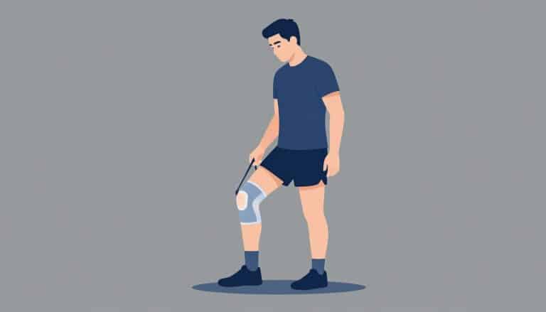 Un coureur adulte observe son genou gauche, légèrement fléchi sous une orthèse transparente.