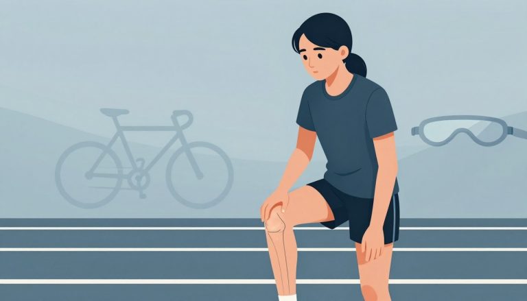 Un jeune athlète soutient son genou sur une piste, avec des symboles de vélo et de natation.