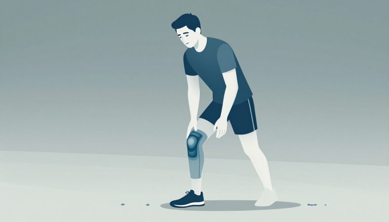 Un coureur applique une poche de glace sur le côté externe de son genou droit.