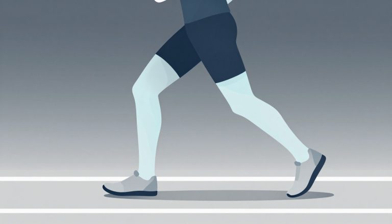 Coureur en mouvement, genou gauche mis en évidence par un halo bleu.