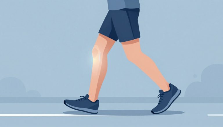 Un coureur sur un sentier, genou externe mis en évidence par une lueur bleue.