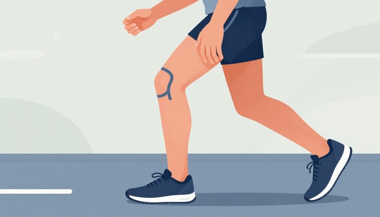 Coureur montrant son genou gauche, avec la bandelette ilio-tibiale en bleu.