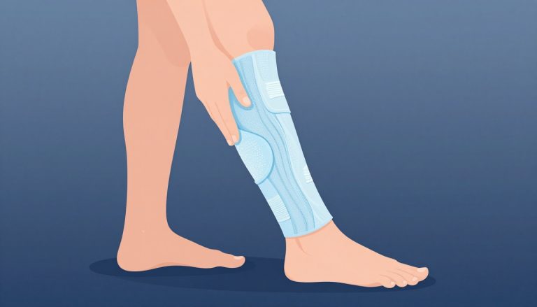 Jambe fléchie avec une poche de glace et un bandage autour du genou.
