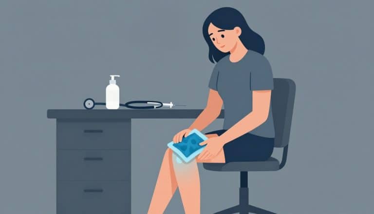 Une femme applique une poche de glace sur son genou droit gonflé.