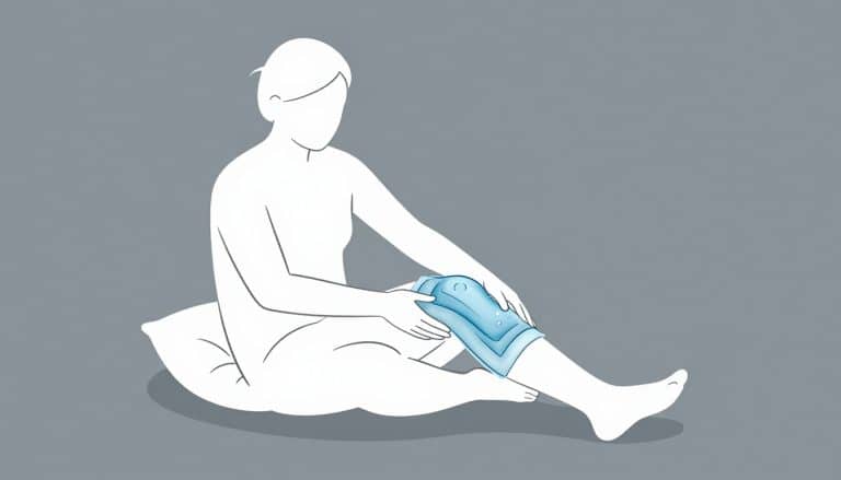 Un adulte assis avec le genou droit enveloppé dans une poche froide.