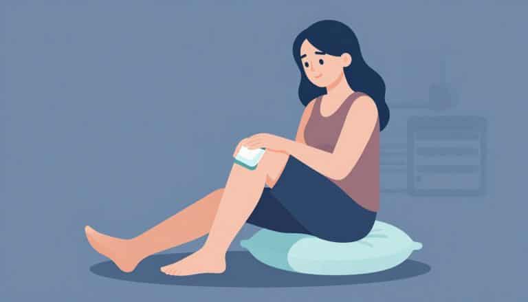 Une femme assise avec une poche de glace sur le genou droit posé sur un coussin.