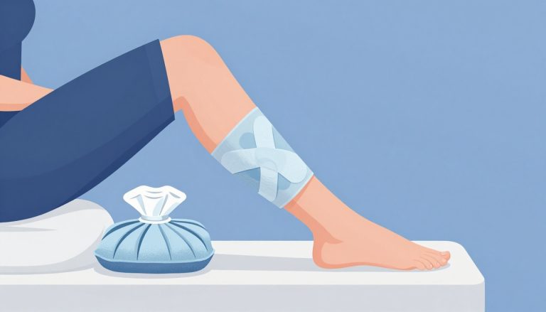 Une femme surélève son genou gonflé avec une poche de glace et une bande compressive.