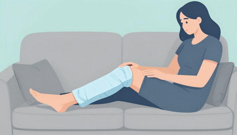 Une femme assise sur un canapé, la jambe gauche surélevée et une poche de glace sur le genou.