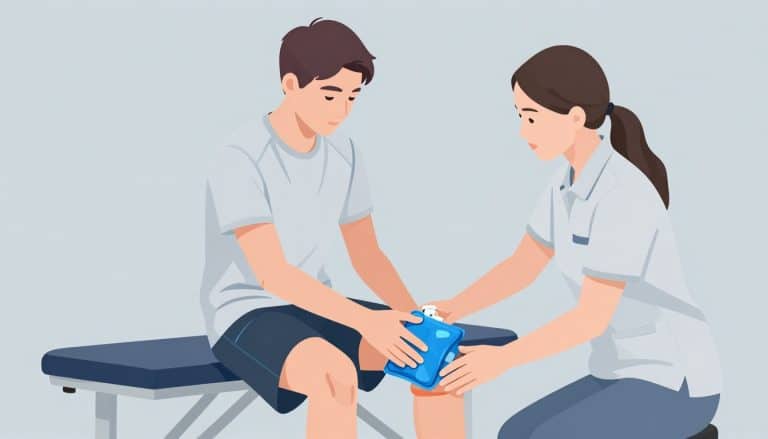 Un jeune sportif assis reçoit des conseils, une poche de glace posée sur son genou droit.