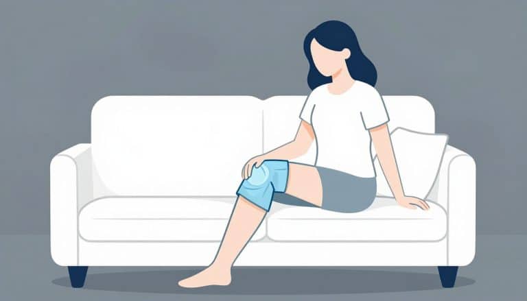 Une femme assise garde le genou gauche surélevé sous une poche de glace bleutée.