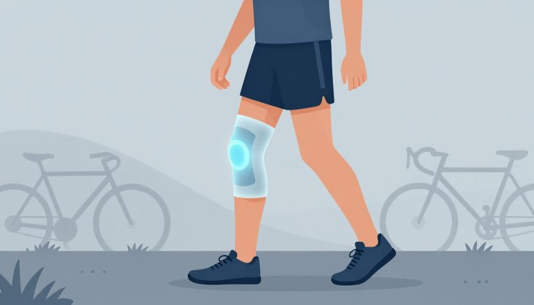 Un coureur debout sur un sentier, avec une poche de glace sur le côté externe du genou droit.