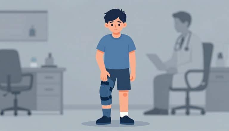 Un adolescent touche son genou gauche, légèrement gonflé et protégé par une genouillère bleue.