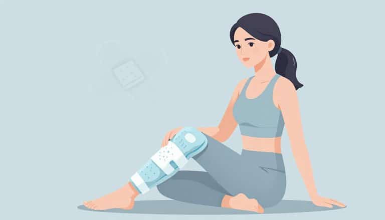 Femme assise avec une poche de glace sur le genou droit.