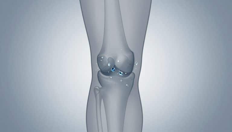 Genou illustré de face avec de petits dépôts cristallins bleutés autour du cartilage.