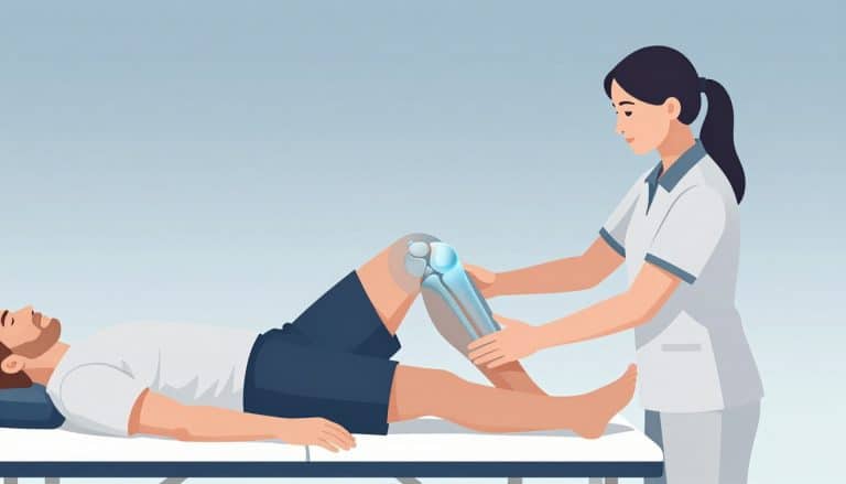 Une kinésithérapeute accompagne un patient assis réalisant une élévation de la jambe droite.