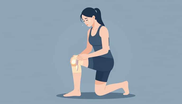 Une sportive fléchit son genou droit, avec une illustration du cartilage sous la rotule.