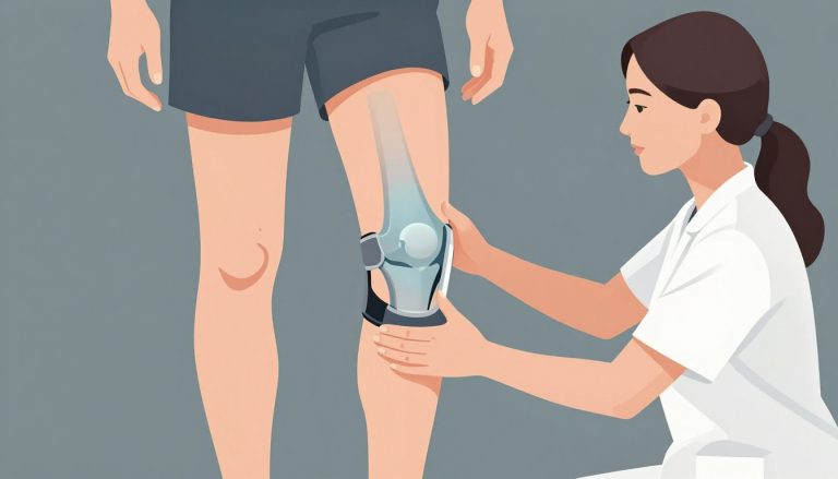 Une kinésithérapeute soutient la jambe près d’un genou au ligament déchiré.