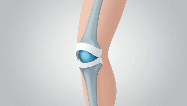 Illustration d’un genou droit avec un ligament bleu et une attelle blanche.