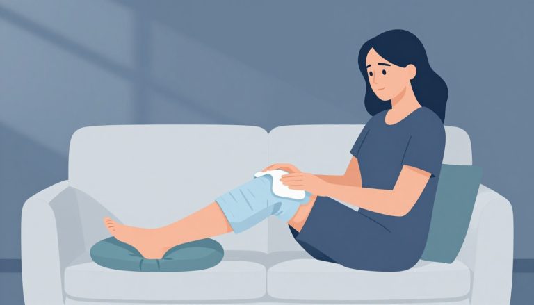 Une femme applique une poche de glace sur son genou dans un canapé.