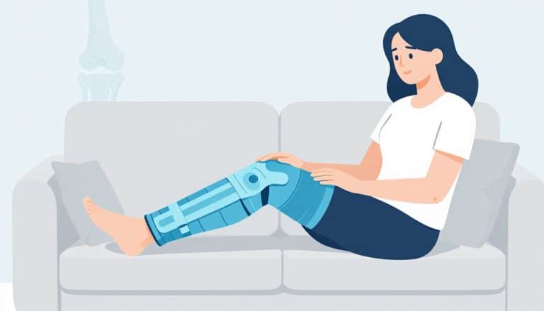 Une femme repose sa jambe gauche sur un coussin avec une poche de glace au genou.