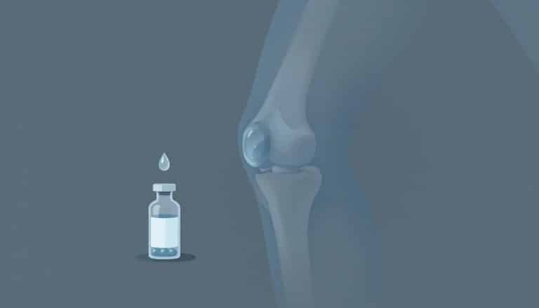 Genou humain fléchi avec une goutte translucide et un flacon de granules homéopathiques.