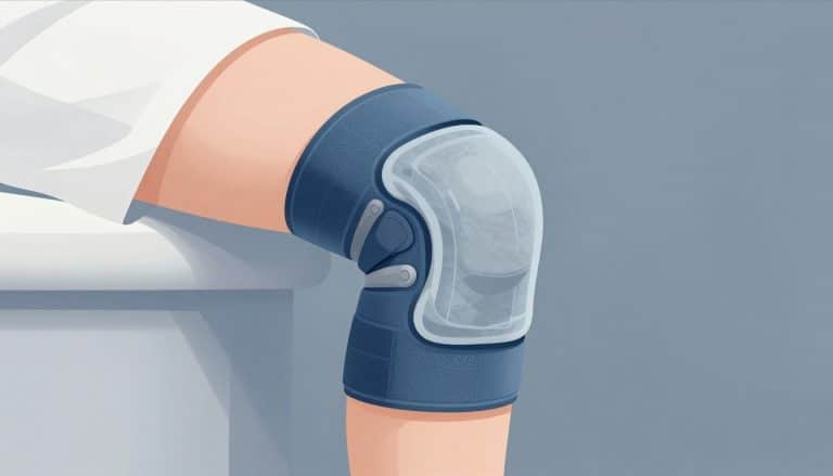 Une jambe droite soutenue, avec le genou glacé et maintenu par une genouillère bleue.