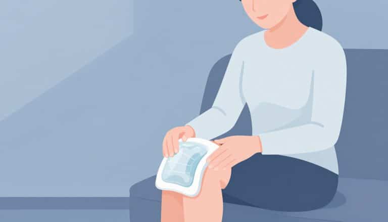 Une femme assise pose une poche de glace sur son genou droit soutenu par un coussin.