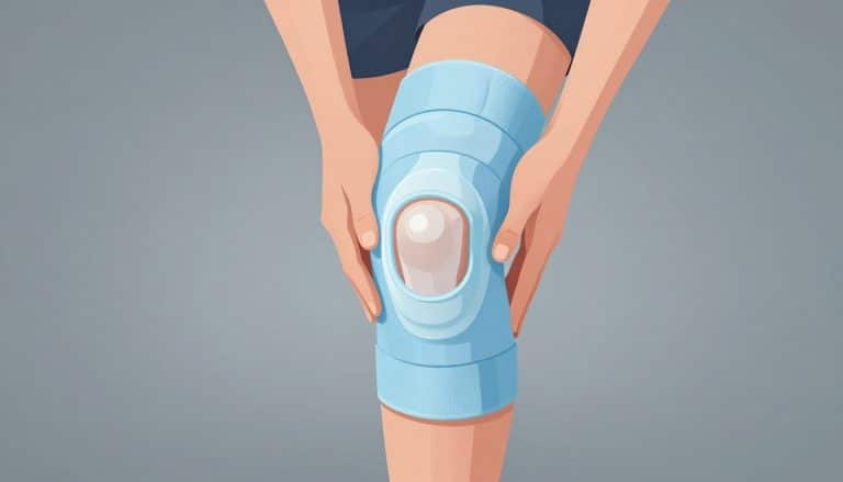 Genou soutenu par une main, avec glace sur la rotule et bandage bleu autour de la cuisse.