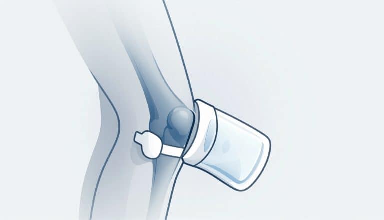 Genou vu de l’extérieur, avec ligament latéral bleuté, attelle blanche et poche de glace.
