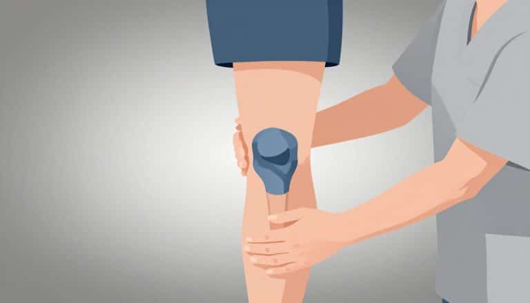 Un kinésithérapeute soutient une jambe, avec le ligament interne du genou mis en évidence en bleu.