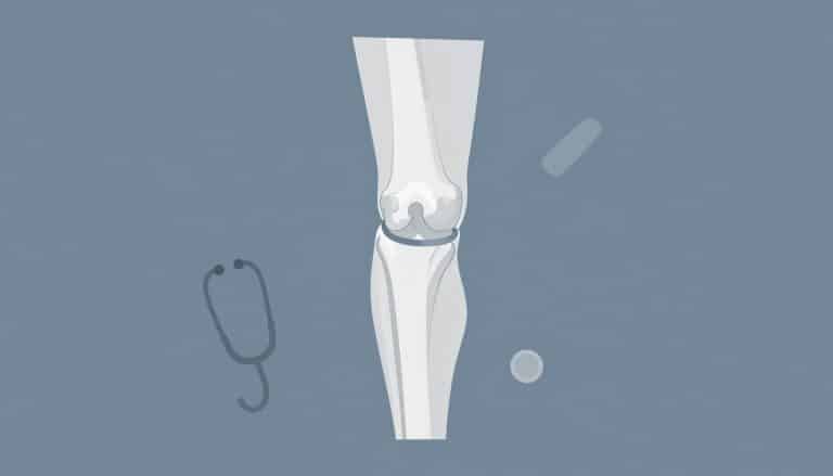 Illustration anatomique d’un genou avec ligaments, stéthoscope et pansement sur fond bleu.