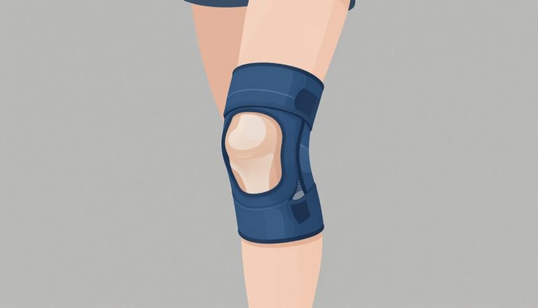 Genou vu de l’extérieur avec une rotule, du cartilage et une attelle bleue.