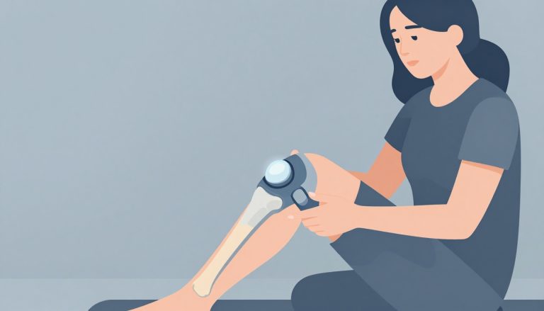 Une femme soutient son genou près d’une illustration anatomique et d’une genouillère bleue.