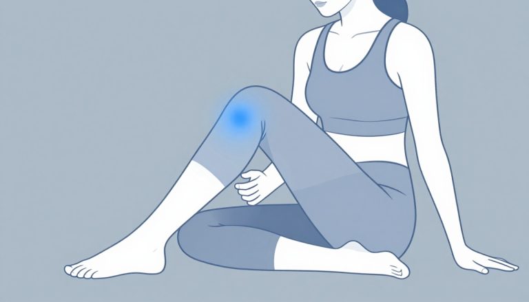 Une femme assise fléchit son genou droit, marqué par une légère lueur bleue.