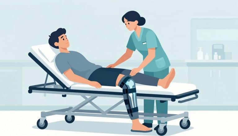 Une médecin soutient le genou d’un patient portant une genouillère, avec une illustration anatomique bleutée.
