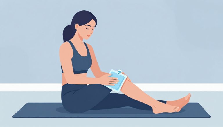 Une femme assise applique une poche de glace sur son genou droit.