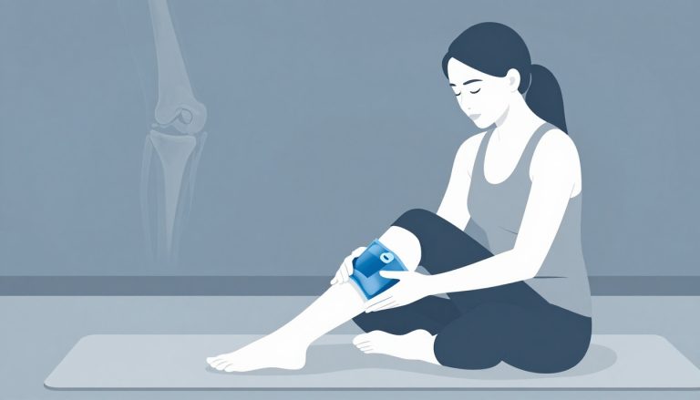 Une femme assise applique une poche de glace sur son genou droit.