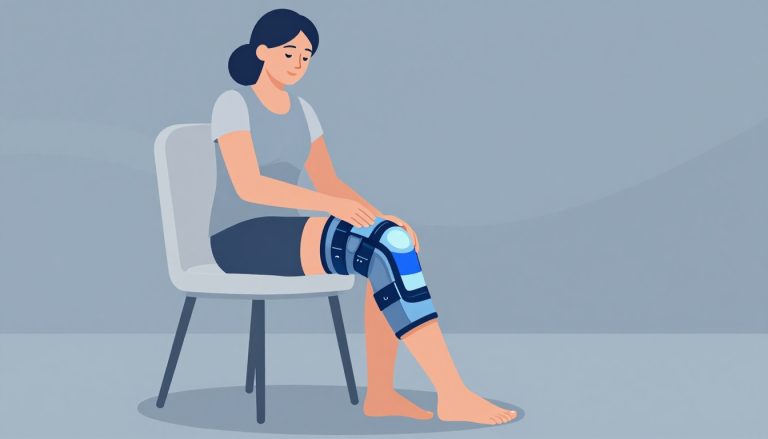 Une femme assise applique une poche de glace sur son genou protégé.