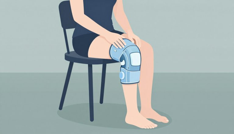 Femme assise avec une genouillère bleue, une poche de glace et un coussin chauffant près du genou.